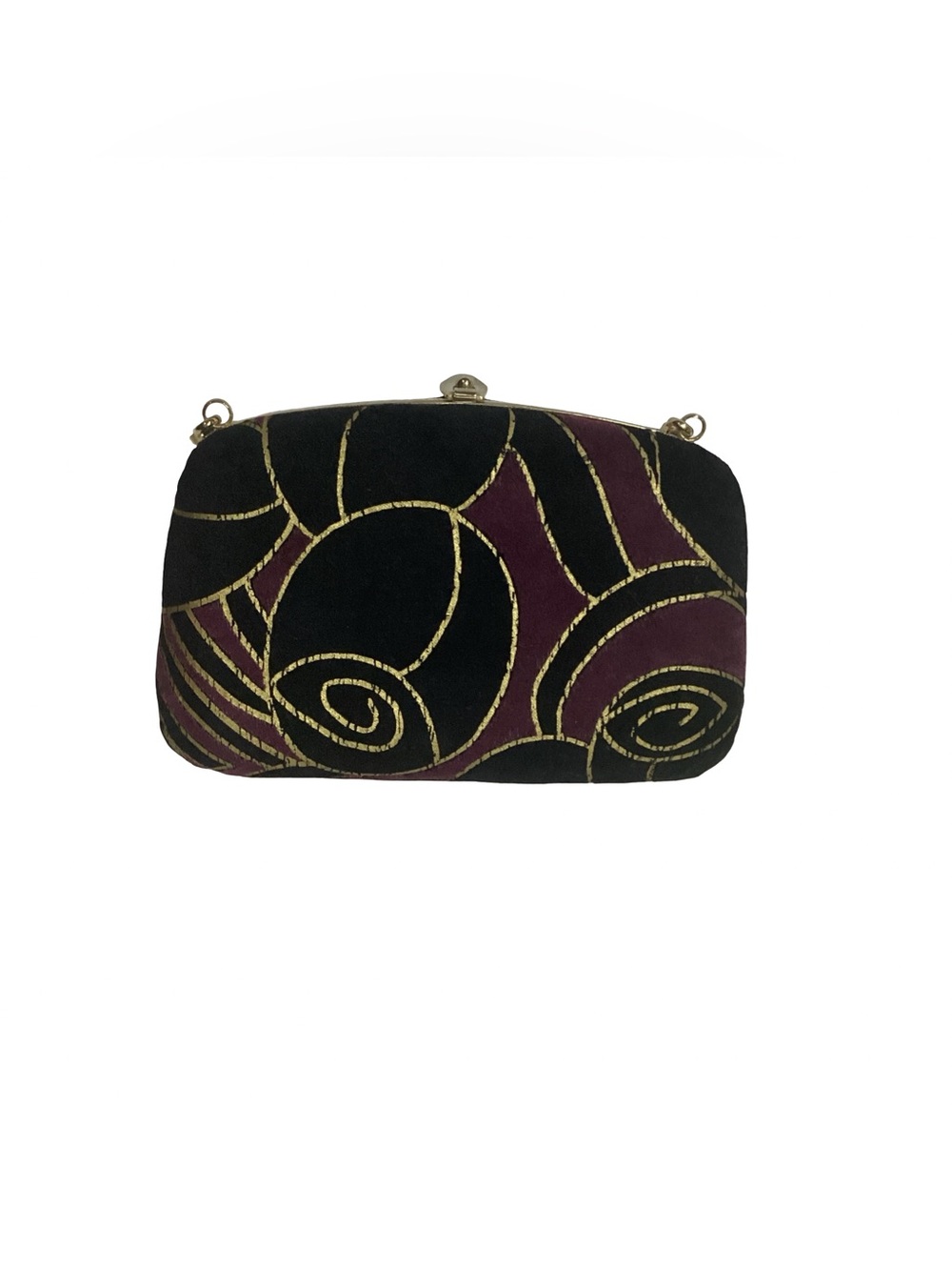 Vintage Italian Black Burgundy Abstract Velvet Gold Chain Frame Clutch Bag